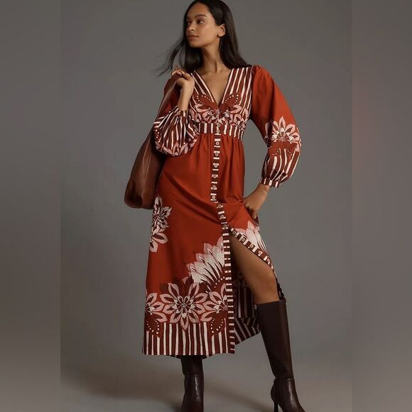 FARM Rio Long Sleeve V-Neck Midi Cotton Dress NWT - Picture 1 of 9